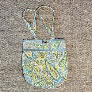 Vera BRADLEY Tote Bag In Yellow, Blue, Gray Brown. Three Pockets In The Inside.